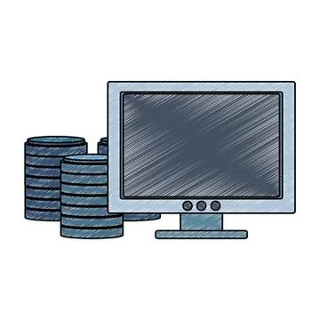PC screen with disks storage scribble Stock Illustration