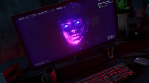 PC Screen With Scary Digital Face Stock Footage 264609405