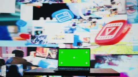 PC screen shows copy space next to social media user interface platforms Stock Footage 310968438