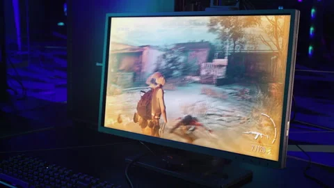 PC Screen Shows Woman Protagonist Slaying Enemy Zombie Monsters In Digital Game Stock Footage 305942359