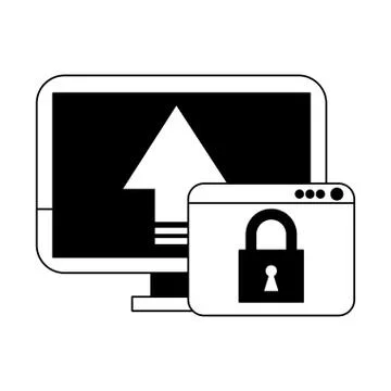 PC with secure cloud in black and white Stock Illustration