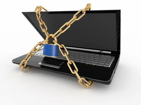 Pc security. laptop with chain and lock. 3d Stock Illustration