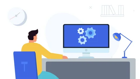 Pc settings concept animation.Man working on PC animation Video stock 221501818