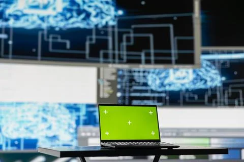 PC showcasing chroma key display next to AI neural networks system Stock Photos