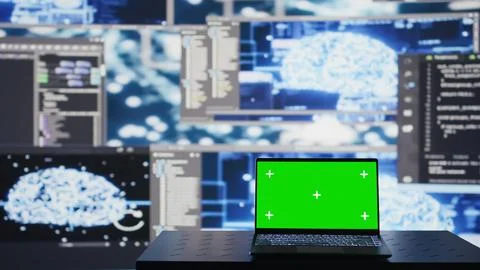 PC showcasing chroma key display next to AI neural networks system Stock Photos