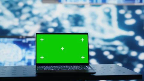 PC showcasing chroma key display next to AI neural networks system Stock Photos