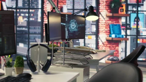 PC shows deep neural network development tools in an empty agency setting Video stock 308603457