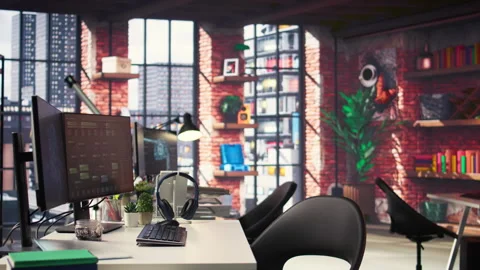 PC shows deep neural network development tools in an empty agency setting Video stock 308672522