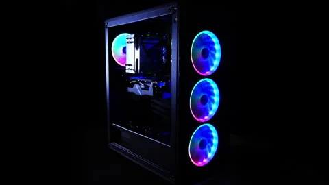 PC Standing in Dark Room. Led RGB Colorfull Lighting. Gaming PC. Technical Stock Footage 243360427