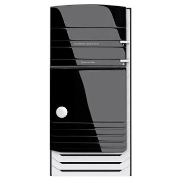 PC system block front view on glossy panel. 3d graphic Ilustração Stock