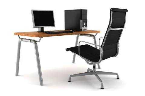 Pc on table with chair isolated on white background Illustrazione stock