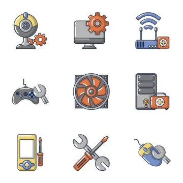 PC tech icons set, cartoon style Stock Illustration