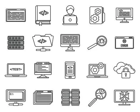 Pc testing software icons set, outline style Stock Illustration