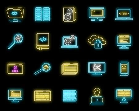 Pc testing software icons set vector neon 库存插图