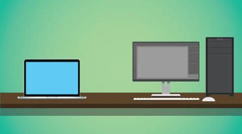 Pc vs notebook compare on the desk with green background Stock Illustration