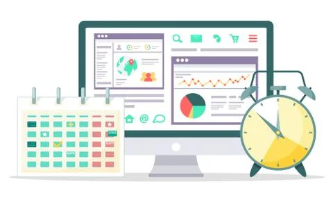 Pc with Website, Calendar and Clock Symbol Vector Stock Illustration
