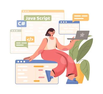 PC work. Computer programmer character. Browser windows. Web software 库存插图