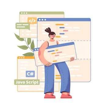 PC work. Computer programmer character. Browser windows. Web software Stock Illustration