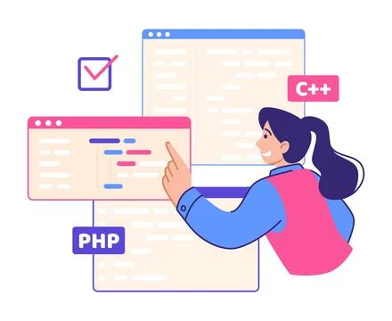 PC work. Computer programmer character. Browser windows. Web software Illustrazione stock
