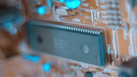 On PCB, are microchips and microassemblies  that perform a large amount of work  Stock Footage 259799671