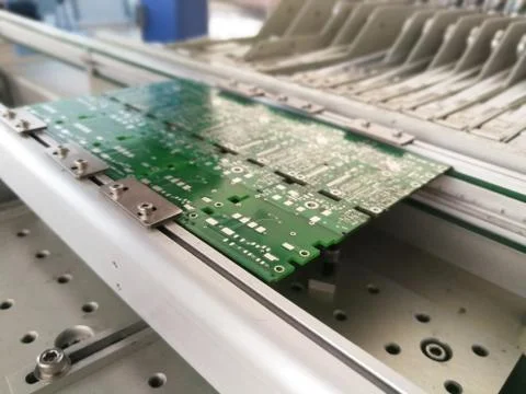 PCB assembly first stages. PCB on the rails of production line inside pick an Stock Photos