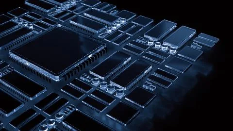 The PCB Board on Black background for technology concept 3d Rendering. Fotos de archivo