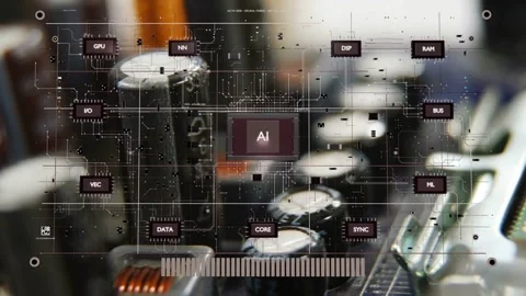 PCB close-up, AI badge appearing, nodes floating, camera panning right, overlay Video stock 337579200