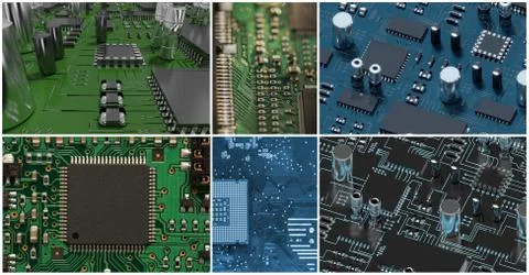 Pcb collage, computer hardware collage Stock Photos