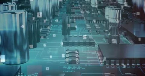 PCB displaying capacitors, chips, resistors and traces in lab simulation, with Stock Photos