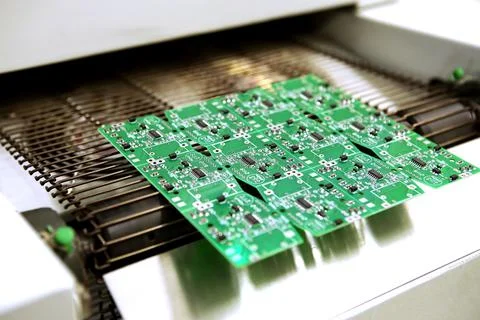 PCB drying technology. The finished board leaves the drying oven along the co Stock Photos