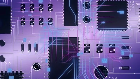 PCB getting signal, neon traces glowing, data pixels moving, central chip Stock Footage 335316888