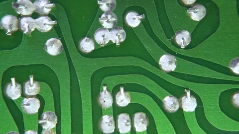 PCB Green Closeup Electronic Components Through-Hole Plating Hand Etched Stock-Footage 117067362