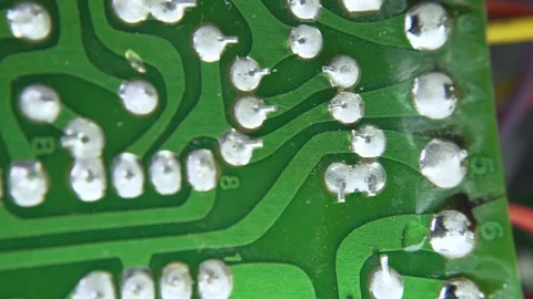 PCB Green Closeup Electronic Components Through-Hole Plating Hand Etched Video stock 117067651