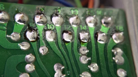 PCB Green Closeup Electronic Components Through-Hole Plating Hand Etched Video stock 117067699