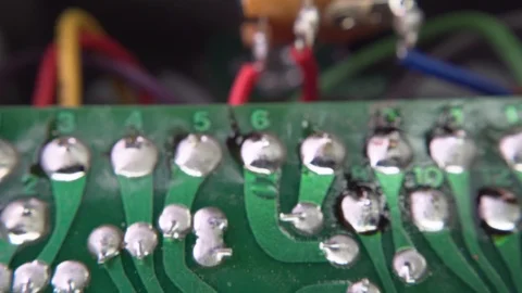 PCB Green Closeup Electronic Components Through-Hole Plating Hand Etched Video stock 117067867