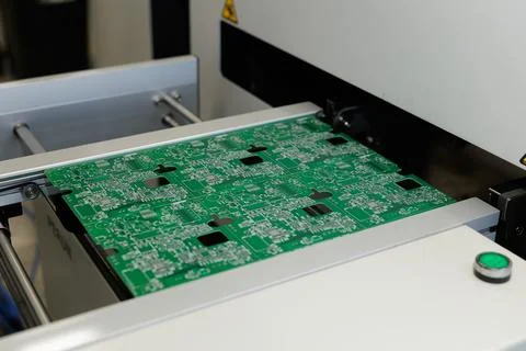 PCB on high speed SMT placement line entering automated assembly machine Stock Photos