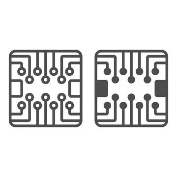 PCB layout square shape chip line and solid icon, electronics concept, printed 库存插图