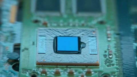 On PCB the microchips are ordinary, do not heat up, and microchips are very hot Stock Footage 259790092