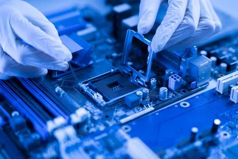 Pcb motherboard of computer. cpu  socket for  processor chip 스톡 사진