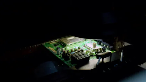 PCB moving under stroboscopic flashes.Automated optical inspection closeup Video stock 337476310