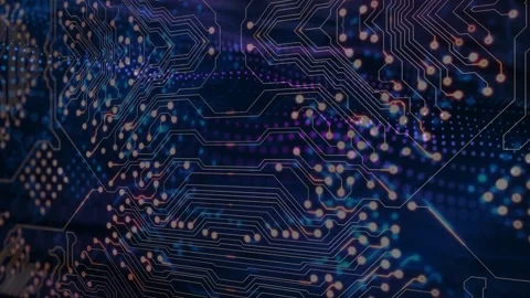 PCB pattern starting left focus, scanning right, drifting left, nodes pulsing, Stock Footage 329812419