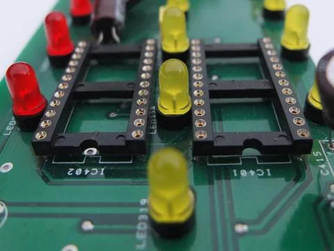PCB plate with Light-emitting diodes, blurred Fotos Stock