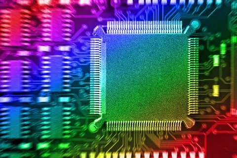 PCB Printed Circuit Board with many electrical components Foto stock