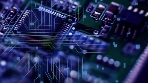 PCB reacting to LED pulse, traces scanning, nodes converging and code scrolling Video stock 335211886
