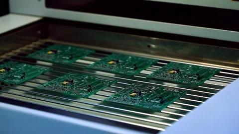 PCB Soldering Process in Automated Machine Stock Footage 305515079