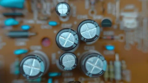 PCB with transformers, coils, capacitors, transistors, microassembly, microchip Stock Footage 259784469