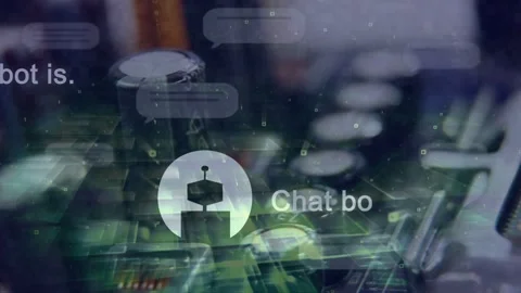 PCB with UI overlays showing user avatar appearing text forming bubbles drifting Stock Footage 334881728