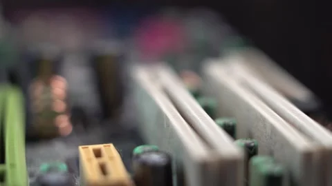 PCI Clots and Electronic Components on Computer Motherboard, Macro Close Up Stock Footage 328220734