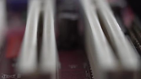 PCI Slots and Electronic Components of Computer Motherboard, Macro Close Up Stock Footage 325769601