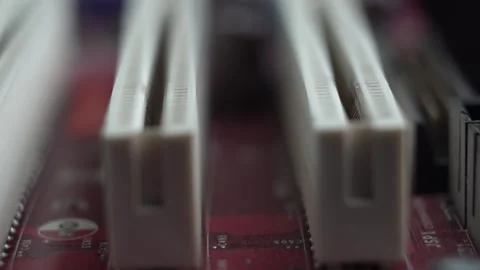 PCI Slots and Electronic Components of Computer Motherboard. Macro Close Up Stock Footage 328345785